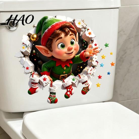 Removable Festive Toilet Art 3D Christmas Elf Wall Sticker, Waterproof PVC Sticker for Bathroom, Childlike Room Decorations Self-adhesive Art,