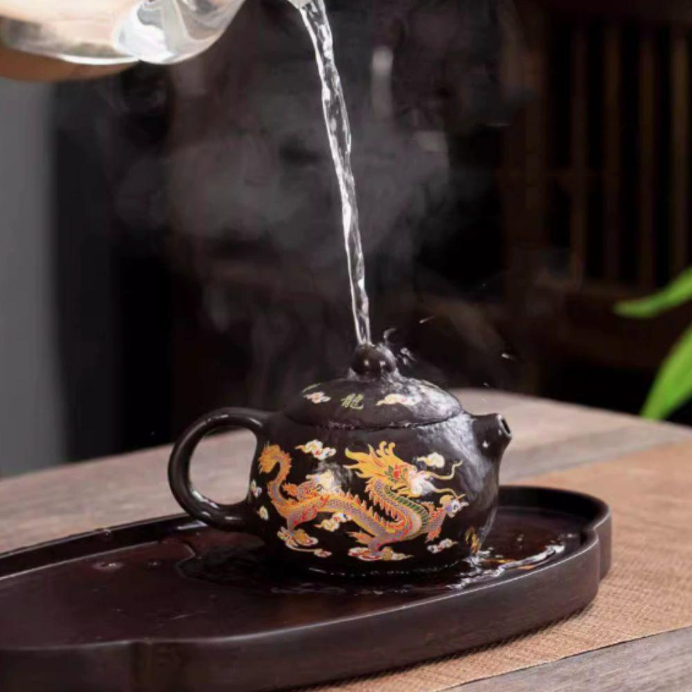 Hand-made Changes Color Purple Clay Teapot Dragons Phoenixs Pattern Tea Infuser  Living Room