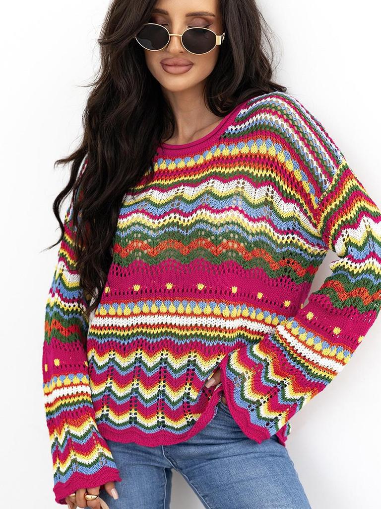 Women's Multi-color Loose Casual Autumn Pullover Sweater with Round Neck and Long Sleeves