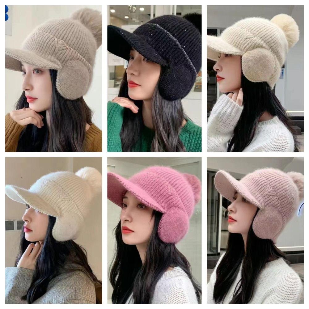 Solid Color Earflaps Hat Windproof Knitted Baseball Hat Fashion Plush Peaked Cap  Ladies
