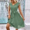 Женские модные летние весенние однотонные повседневные платья с v-образным вырезом и короткими рукавами и высокой талией