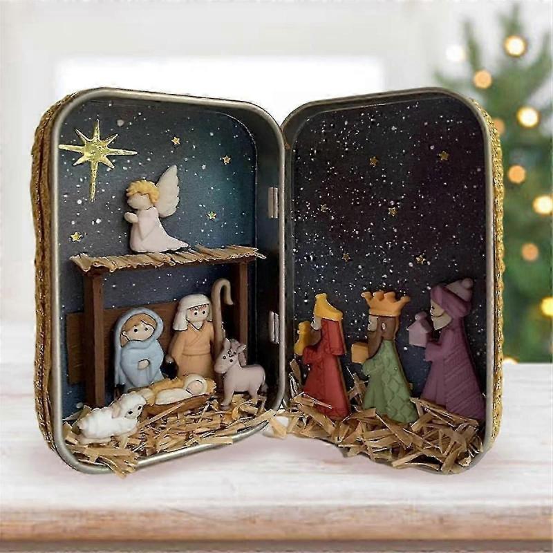 Christmas Nativity Handmade Cabin Box Theater Desktop Ornaments Jesus Nativity Set Family Nativity Scene for Xmas Decor