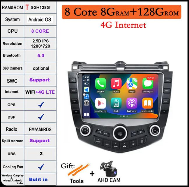 9-дюймовая автомагнитола Android 14 для Honda Accord 7 2003-2007, стерео мультимедийный плеер, CarPlay, Android Auto, WiFi, Bluetooth, GPS