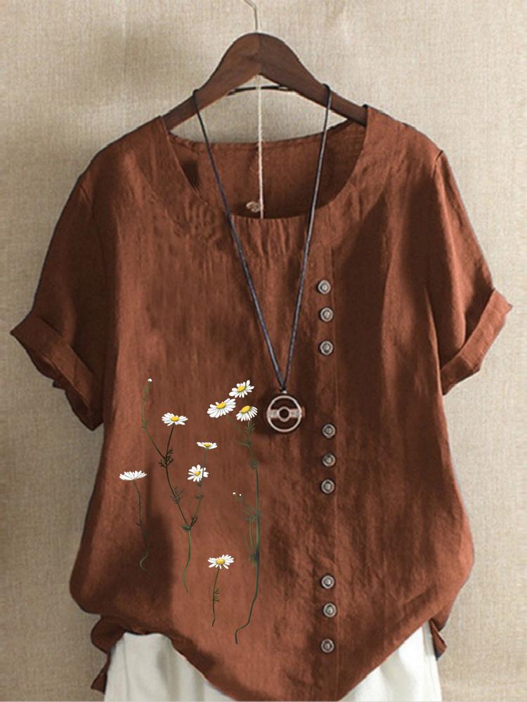 Cotton and Linen Printed T Shirt Tops Women's Summer Loose T Shirt Shirts