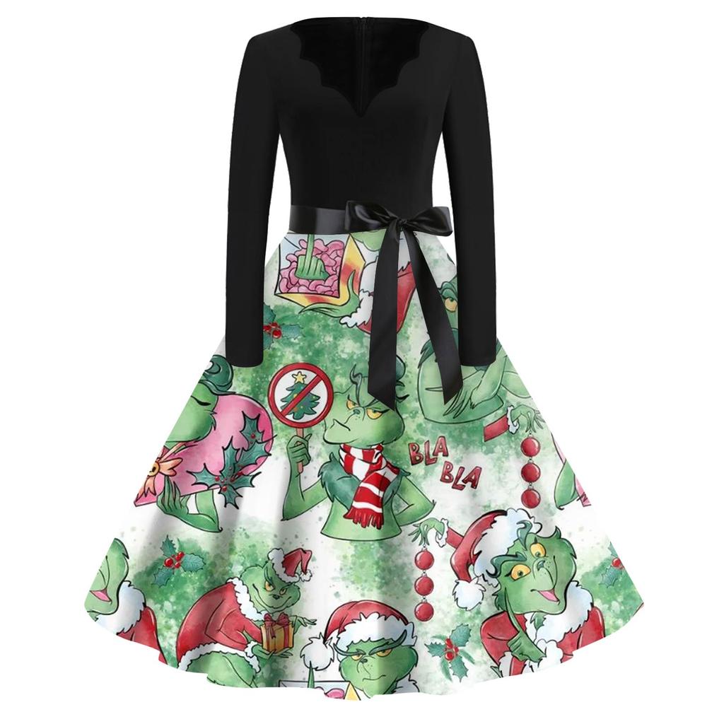 Женское модное платье с V-образным вырезом, повседневное, приталенное, с рождественским принтом, с длинным рукавом