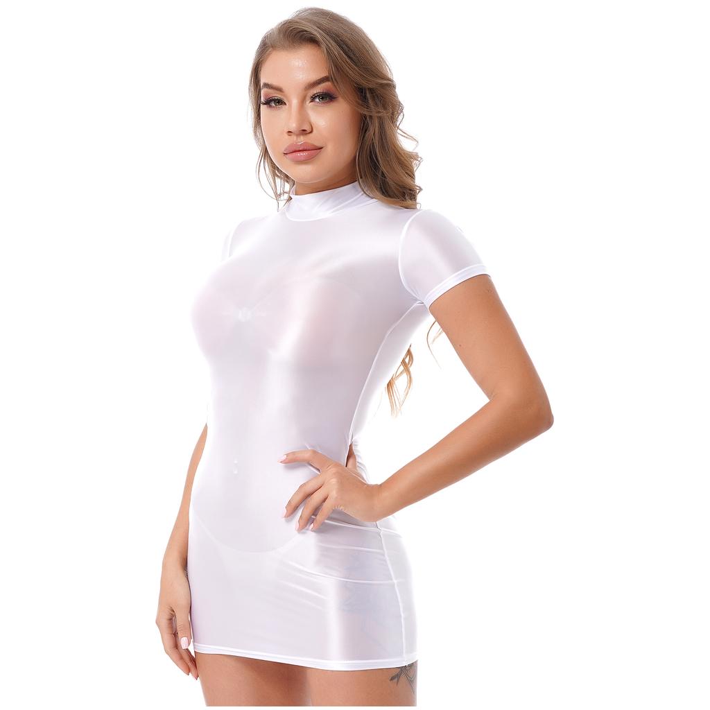 Womens Bodycon Mini Dress Glossy Fabric Mock Neck Short Sleeve Clubwear