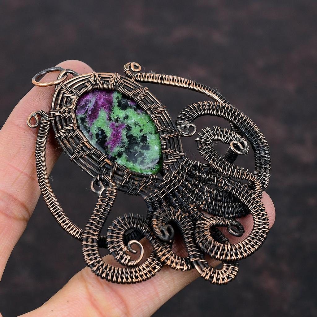 Подвеска из рубина и цоизита, подвеска из медной проволоки, ювелирное изделие в виде осьминога, подвеска из драгоценного камня, медное украшение ручной работы, подарок для него, ювелирное изделие в виде проволоки