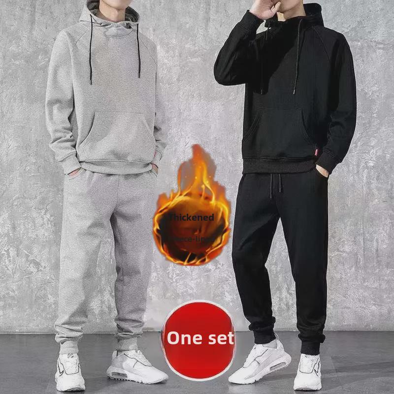 Men's Casual Korean-Style Velvet Thickened Sweater and Pants Set for Autumn/Winter