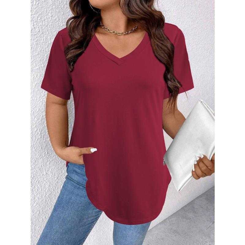 Летняя однотонная свободная футболка с короткими рукавами и V-образным вырезом, трикотажная футболка большого размера с короткими рукавами для женщин