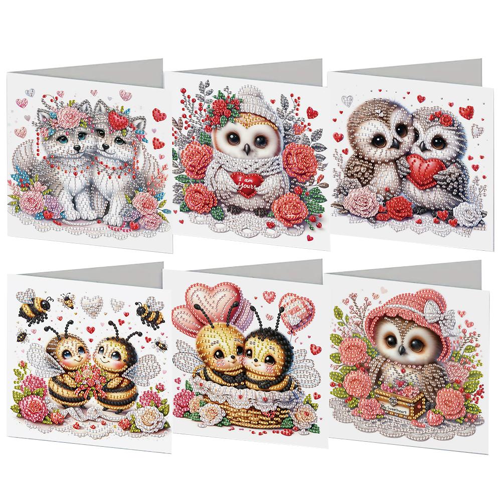 6Pcs Valentines Day Animals DIY Diamond Painting Card Rhinestone Painting Card Kit Diamond Drawing Card for Holiday Party Favors