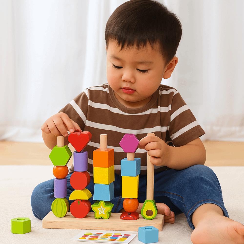 Montessori Color Shape Cognition Toys Fruit Color Shape Wooden Beads Sequencing Toy Boys Girls