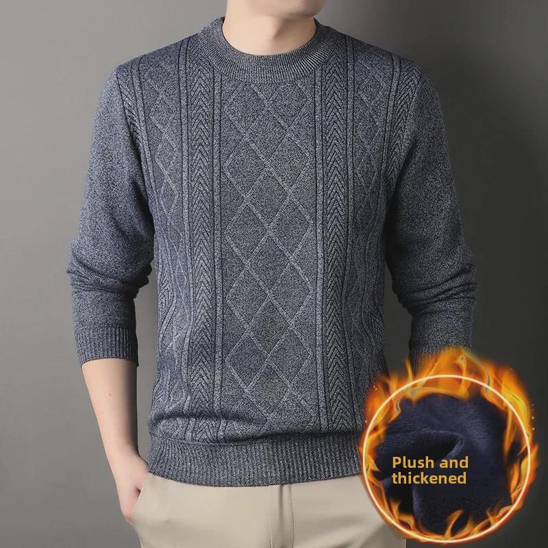 Men's Trendy Loose-Fit Round Neck Pullover Sweater, Autumn/Winter Plus Velvet Thickened Casual Wear