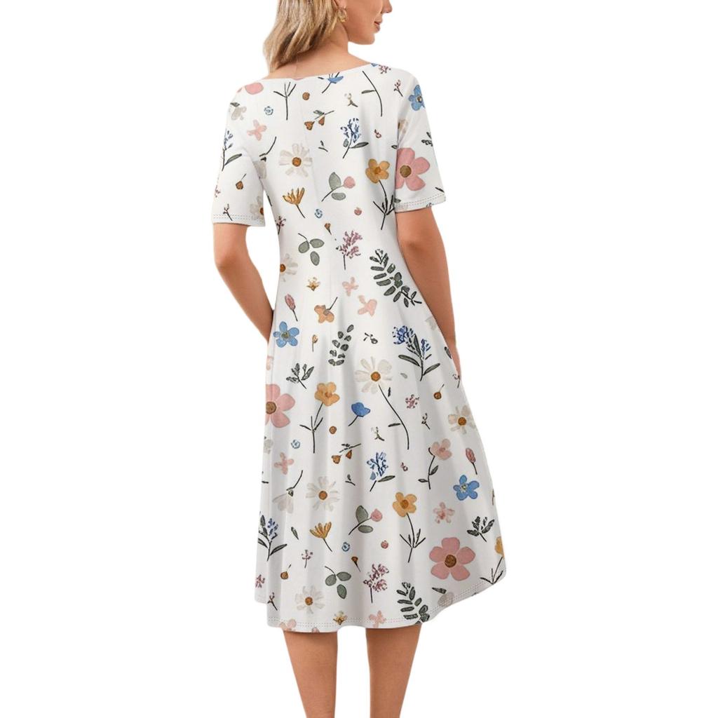 Женское повседневное модное платье миди с круглым вырезом и коротким рукавом с цветочным принтом