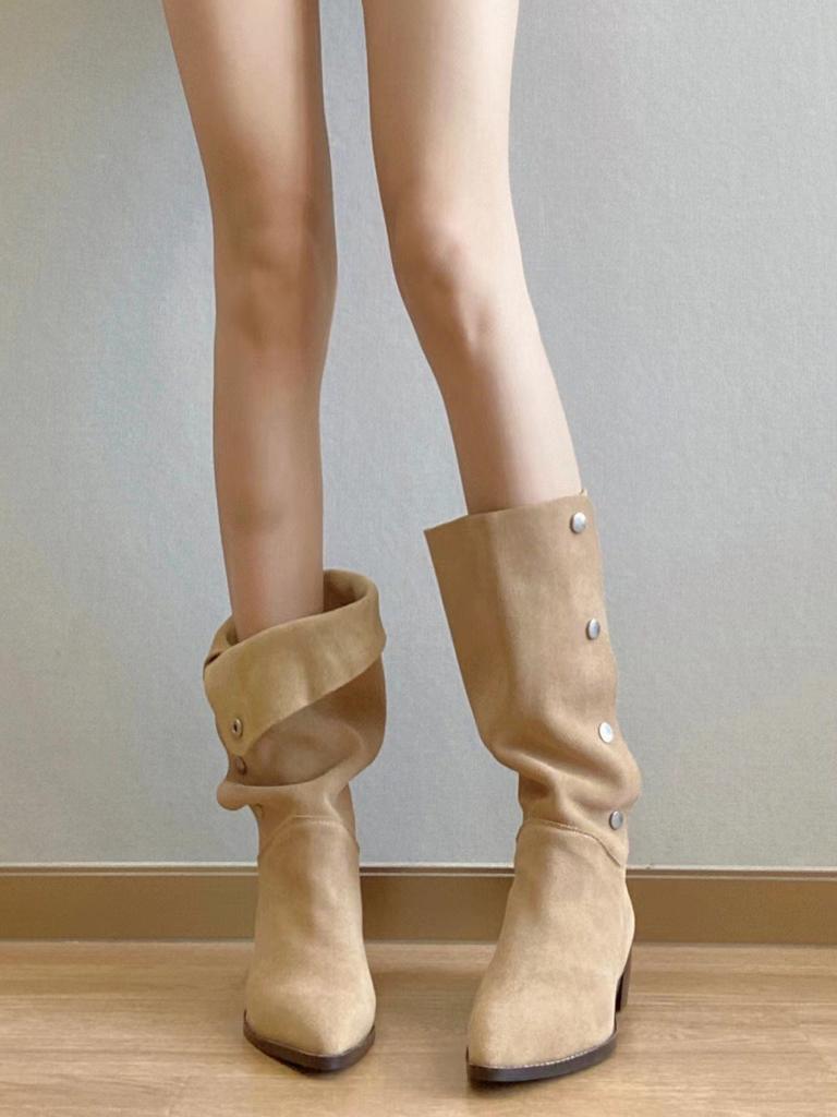 One Shoe, Two Wear Retro Pleated Boots, Matte Stacking Boots, Women's Thick Heel Temperament, Pointed Button Medium Boots