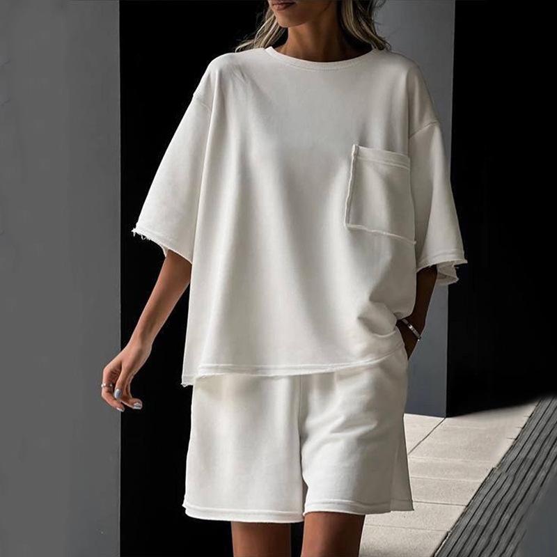 2026 Women's Casual Summer 2 Piece Outfit Short Sleeve Crew Neck Tee with Elastic Waist Lounge Shorts Set