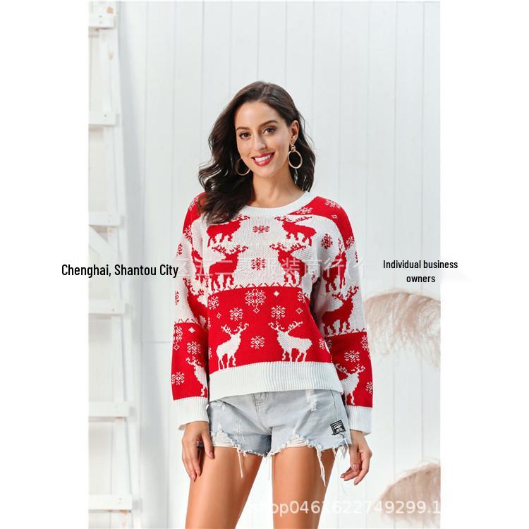 2026 Autumn/Winter Women's Red Christmas Sweater with Deer and Snowflake Design