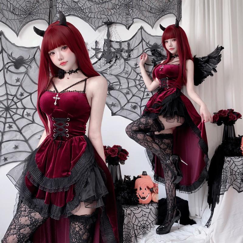 Womens Gothic Halloween Dress Witch Vampire Bride Costume Stage Performance Red Black