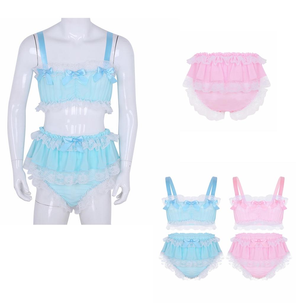 Men's Ruffled Frilly Lace Satin Sissy Lingerie Set Bra Skirted Panties Bloomer Underwear