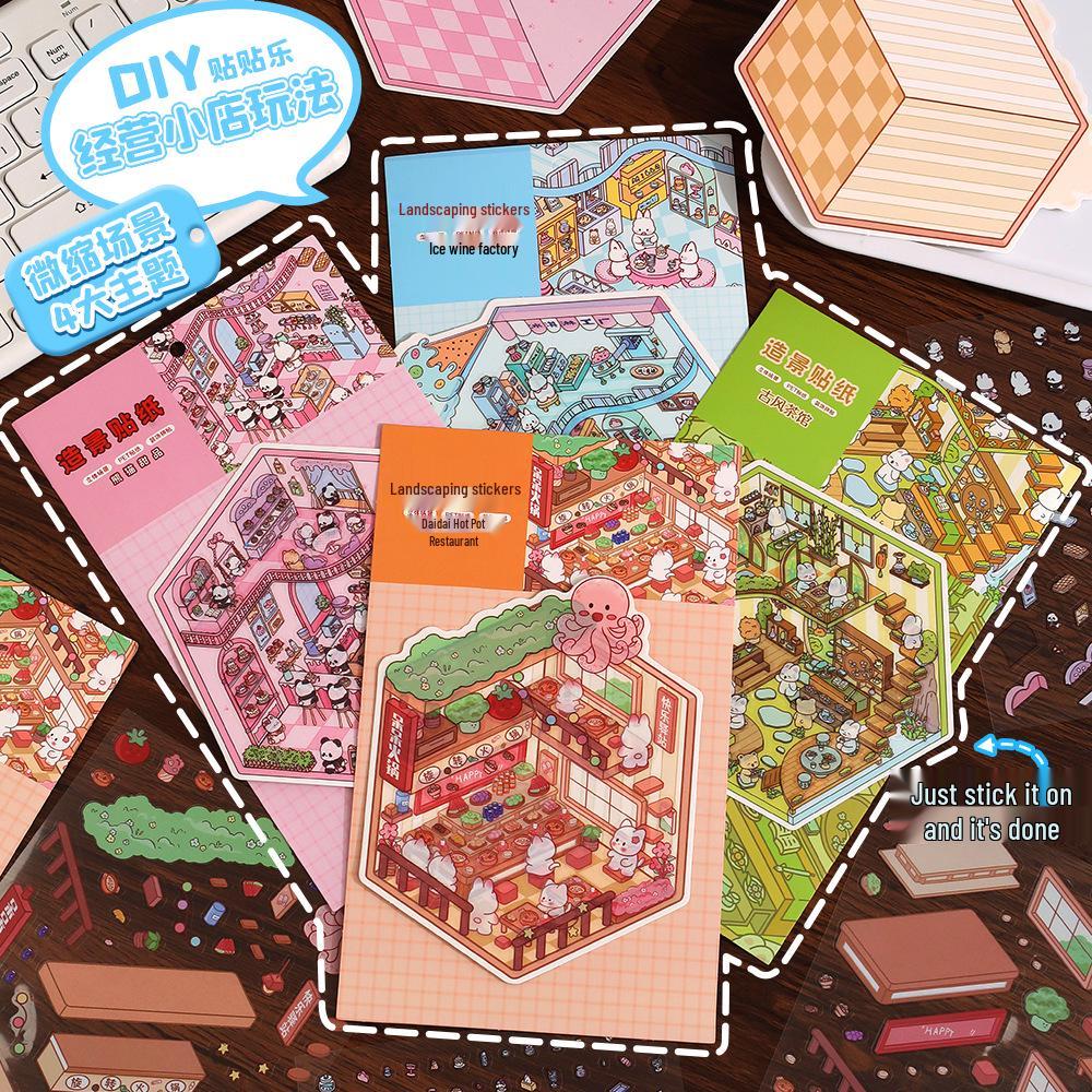 Korean Ancient Tea House Miniature Scenery Sticker - Cute DIY Cartoon