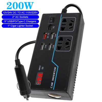 Автомобильный инвертор 200 Вт USB/PD/Type-C Зарядные устройства DC 12 В/24 В в AC 110 В/220 В Преобразователь EU/US Штекер Защита от перегрузки Адаптер питания 8 Портов Розетки