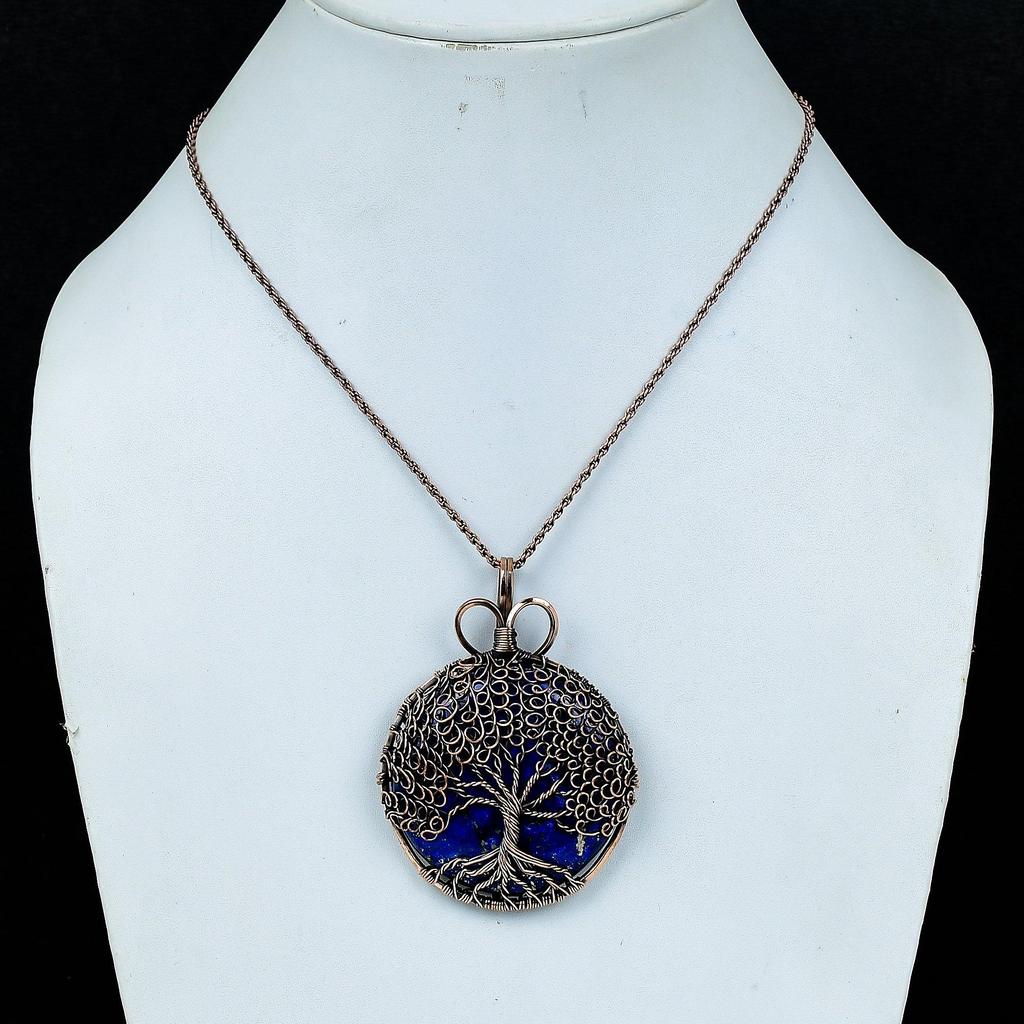 Кулон Древо Жизни из лазурита, Кулон ручной работы с обмоткой из медной проволоки 999 пробы, Антикварные украшения, Для подарка, Медные украшения