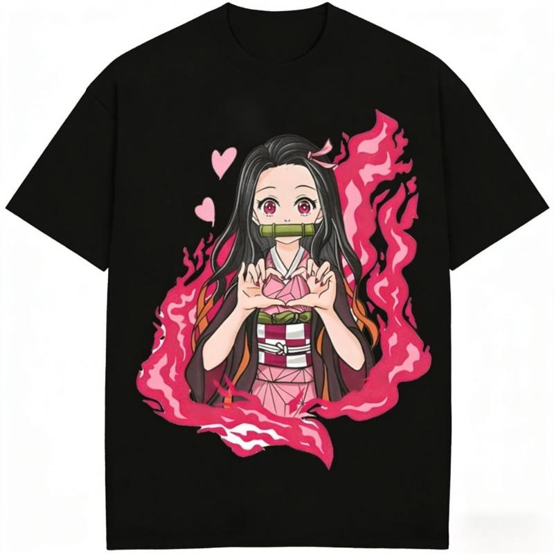 Футболка из чистого хлопка с принтом Nezuko Kamado из Demon Slayer, летняя новинка 2026 года, свободная, повседневная, для родителей и детей, с коротким рукавом