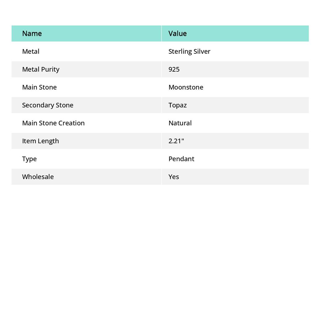 Natural Rainbow Moonstone, Topaz Gemstone 925 Sterling Silver Pendant 2.21" D1m81