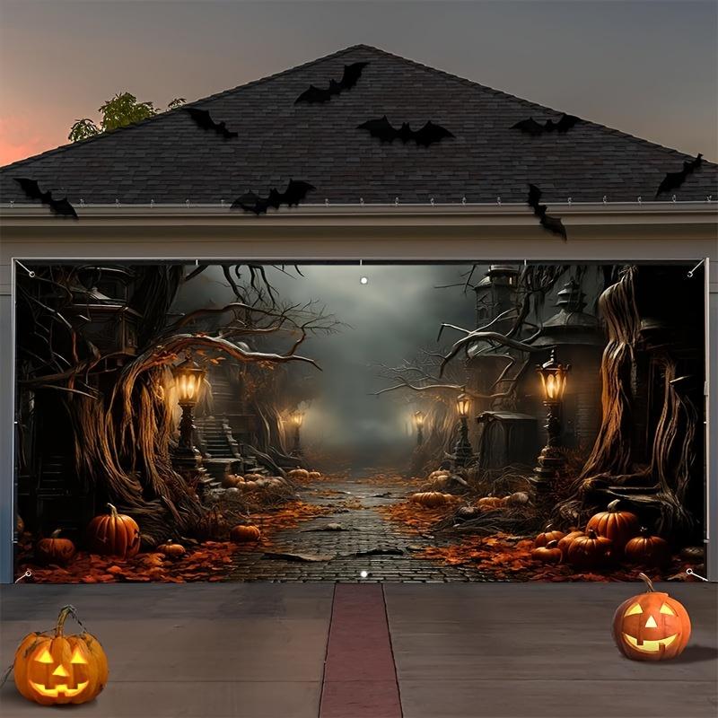The large pumpkin lantern-themed garage door banner is perfect for outdoor Halloween decorations and birthday decorations.
