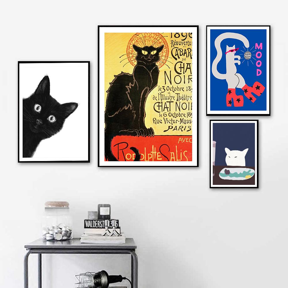 Плакат с черным котом и современный печатный постер, модульная картина, подарок, креативное украшение для дома