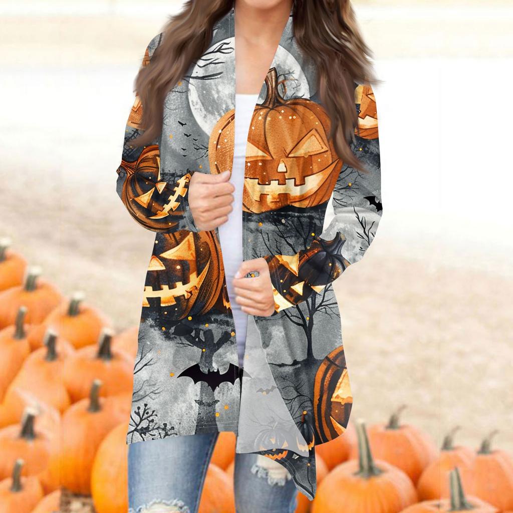 Женская модная повседневная куртка-кардиган средней длины с принтом на Хэллоуин и нерегулярным подолом
