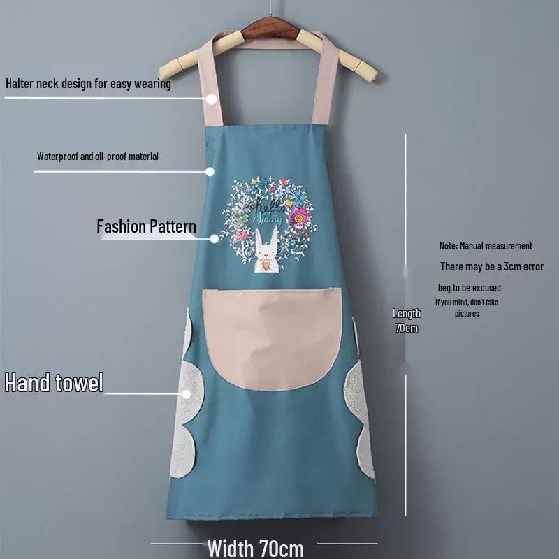 Waterproof & Stain-Resistant Coral Fleece Kitchen Apron - Wreath Rabbit Design, Halter Neck, Korean Style Cartoon.