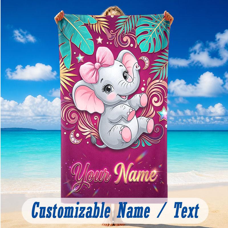 Elephant Theme Beach Towel Personalized Custom Name & Text Soft Quick Dry Beach Towel for Swimming Travel