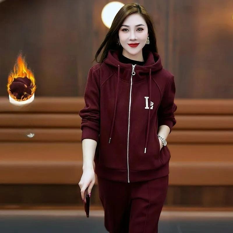 Плюс бархатный утолщенный спортивный костюм женский осенне-зимний кардиган на молнии с капюшоном свитер повседневный костюм из двух частей