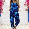 Women Plus Size Square Neck Sleeveless Blue Purple Rose Printed Loose Jumpsuit With Pockets Cuffed Ankle