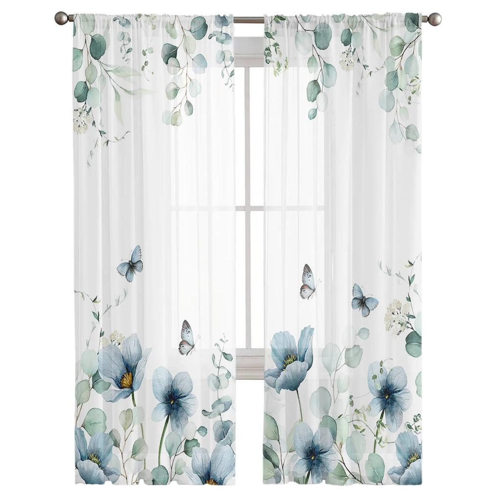 Эвкалипт, тюльпан, бабочка, цветок, ромашка, лист, прозрачные шторы, спальня, гостиная, вуаль, оконные шторы, тюлевые шторы, детская комната