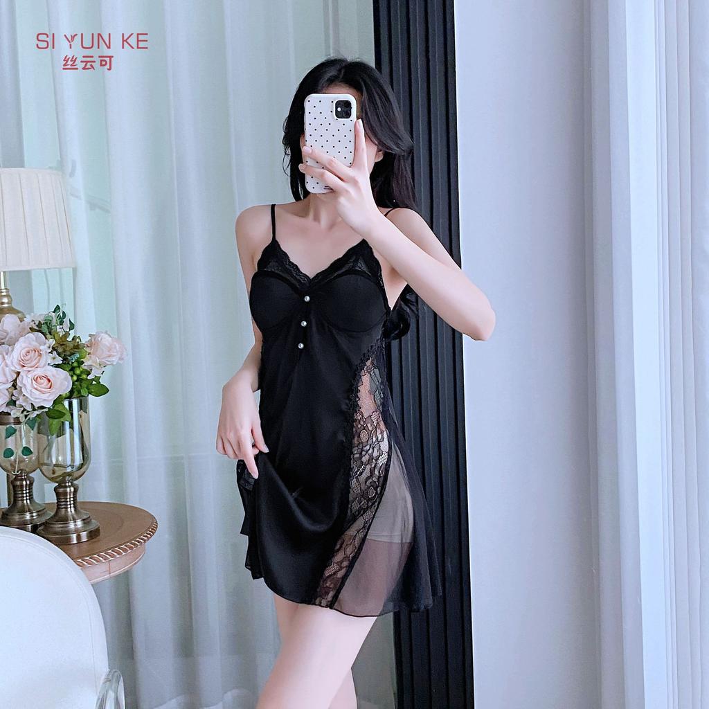Sexy pajamas women's summer 1011 new ice silk thin lace nightdress with chest pad sexy temptation suspender skirt