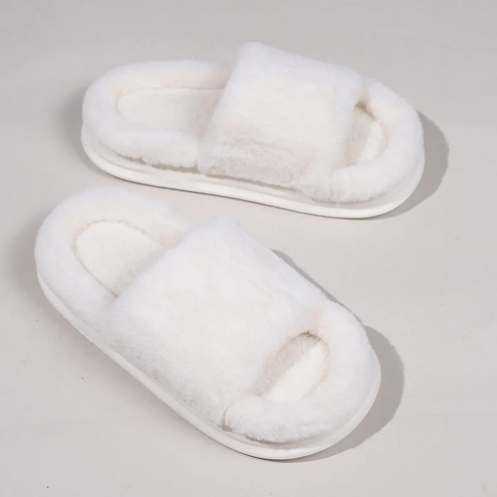 Мода Новая Мода Белые Пушистые Тапочки Женские 2025 Зима Теплые Толстая Подошва Домашние Хлопковые Туфли Женские Открытый Носок Искусственный Мех Платформа Тапочки