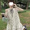 Французское сладкое платье в горошек с открытыми плечами женское летнее новое маленького темперамента пушистая короткая юбка кукольная юбка