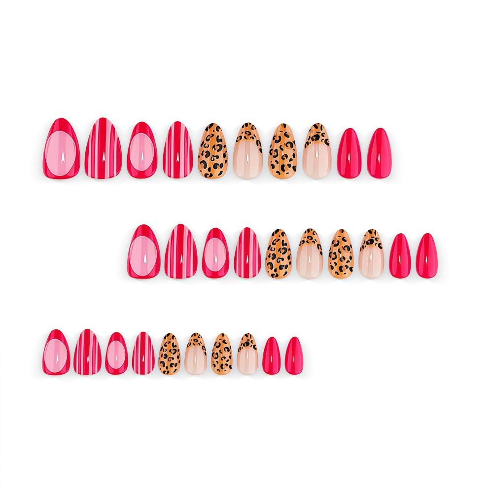 Rose Pink Leopard Stripes Whitening Wearable Nails Short Almond Nails Hot Girl 30 Nail Art Tablets