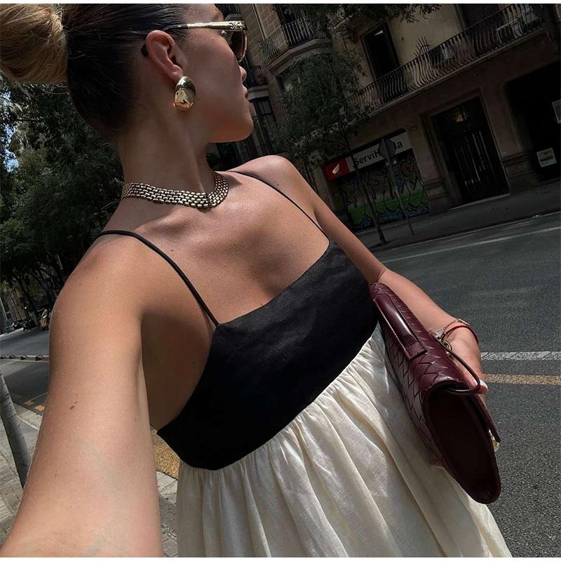 Элегантное контрастное свободное длинное платье с бретельками для женщин с квадратным воротником, без рукавов, с открытой спиной, с высокой талией, летнее сексуальное женское платье