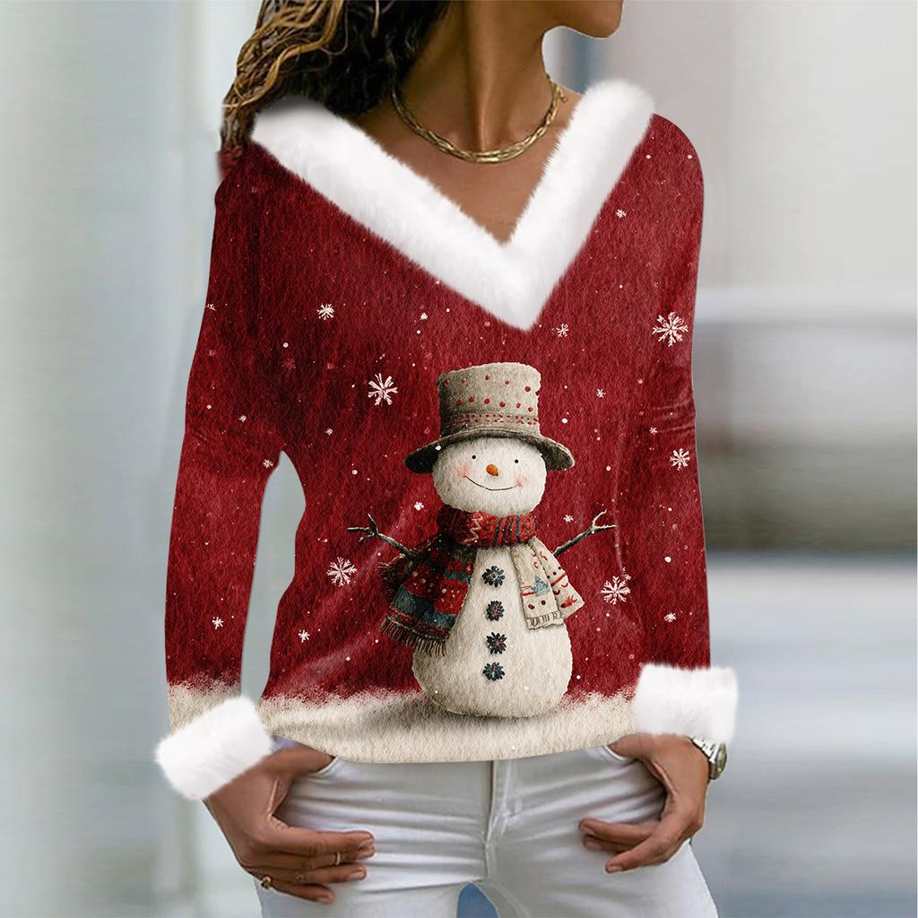 Женская футболка с рождественским принтом, длинный рукав, флисовый воротник, V-образный вырез, футболка