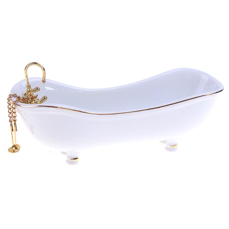 5Pcs 1:12 Dollhouse Miniature Porcelain Bathroom Set Toilet Basin Bathtub Mirror