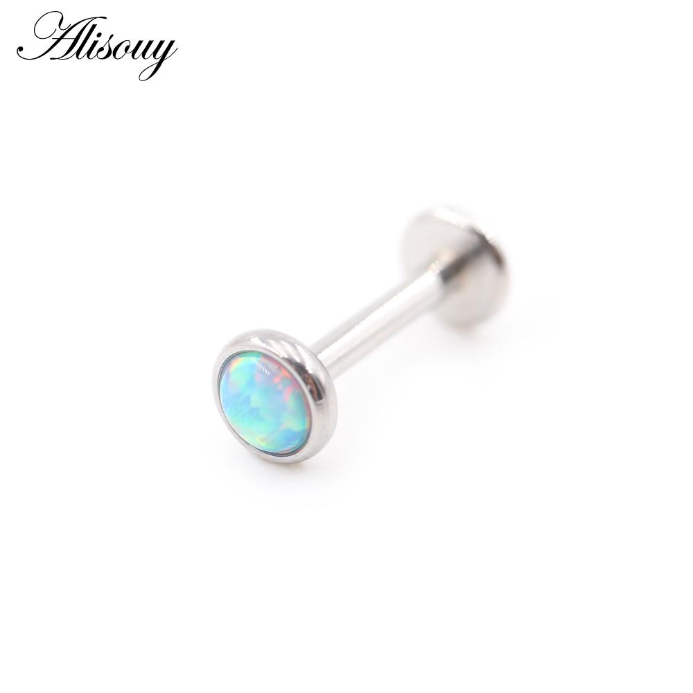 Alisouy 1PC Stainless Steel Opal Stone Labret Lip Tongue Rings Ear Tragus Helix Cartilage Stud Earrings Piercing Body Jewelry