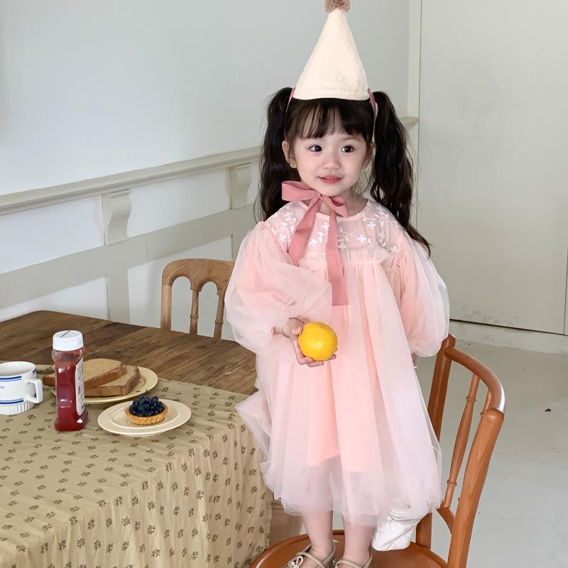 Детская одежда, весна-лето, тонкое кружевное тюлевое платье с длинными рукавами, корейский стиль, модные сетчатые платья принцессы для девочек, милые сказочные платья