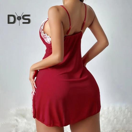 Ночная рубашка с кружевом и разрезом по низу, кружевной бант, тонкая бретелька, без рукавов, глубокий V-образный вырез, бант, женская ночная рубашка