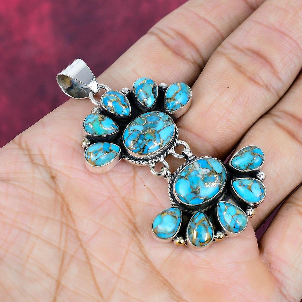 Голубая Медная Бирюза Ювелирные Изделия из Драгоценных Камней Ручной Работы, Кулон из Массивного Стерлингового Серебра 925 пробы, Антикварные Ювелирные Изделия