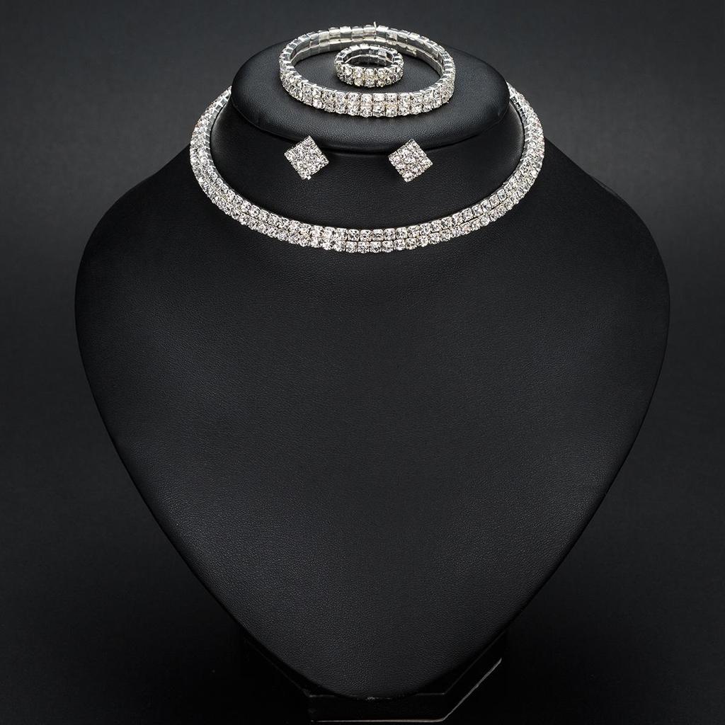 Европейский и американский набор модной бижутерии: Полый чокер с бриллиантами, серьги, кольцо, браслет - N387