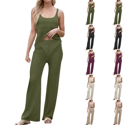 Женский летний модный пляжный комплект из повседневных свободных брюк без рукавов с U-образным вырезом