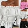 Fashion Plus Size Women Spring Shirt Ruffled Lace Collar Neckline Waist Strap Chiffon Shirt Off-Shoulder Long Puff Sleeve Sweet Tops