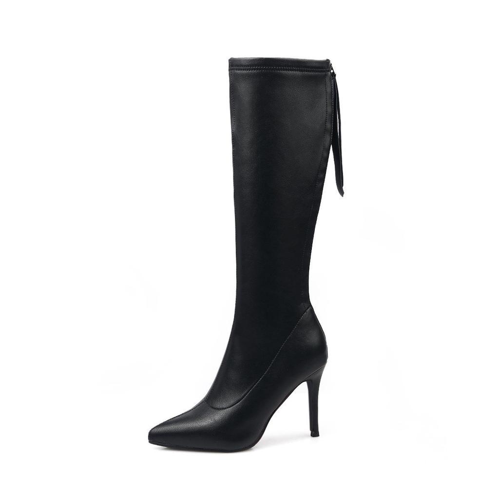 Fashion Women Boots Autumn and Winter New Fashion Designer Pointed Toe Stiletto Heels Black Leather Women Sexy Velvet High Knee Boots